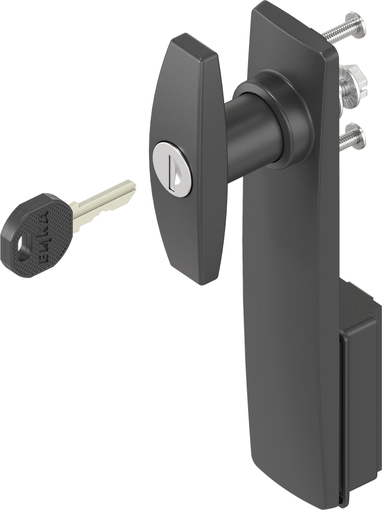 Sleutelschild lang met T-greep verschillend sluitend, polyamide zwart en GD-Zn (Zamak) zwart gepoedercoat