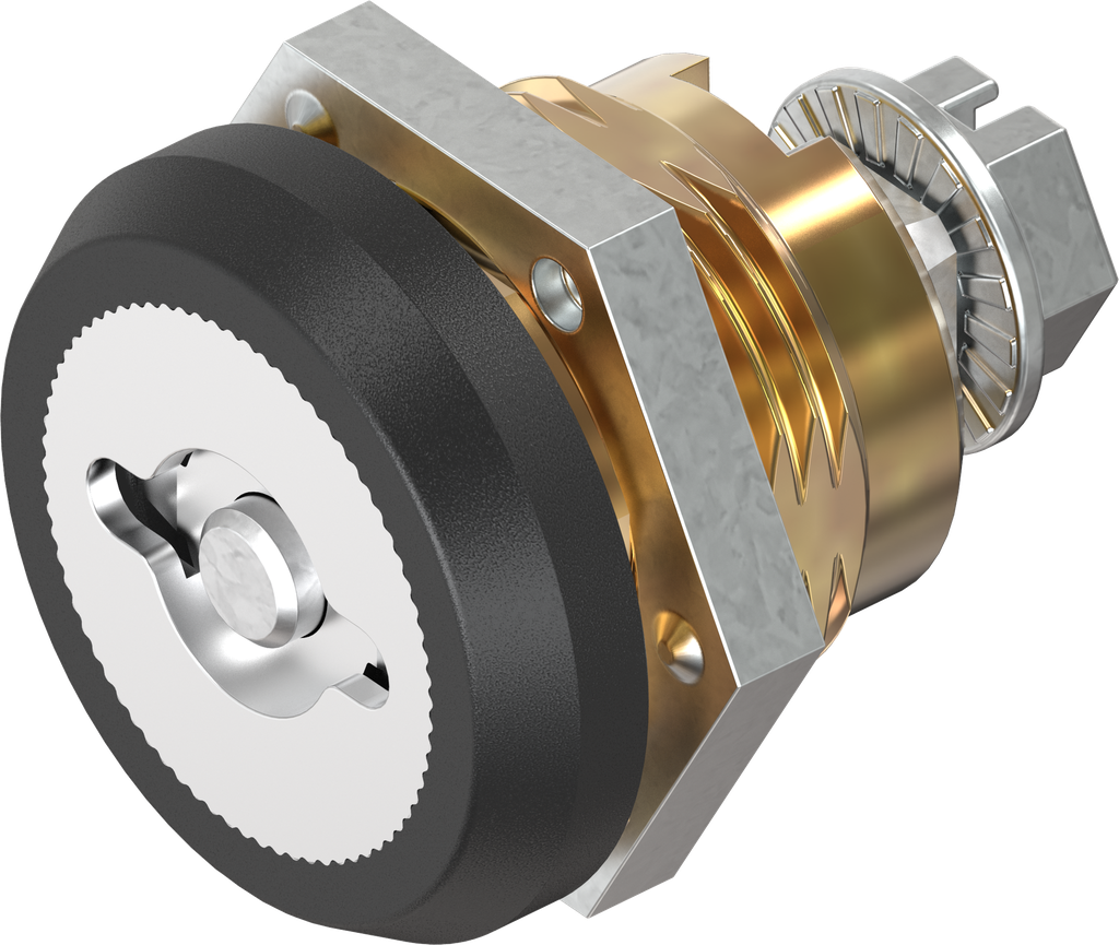 Chiusura 1/4 di giro di sicurezza doppia aletta 5 versione destra con copriforo antipolvere, ottone e zama nero verniciato a polvere